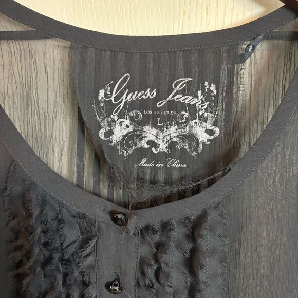 Vintage Guess Jeans Sheer Black Blouse Tunic Top Whimsigoth Dropwaist Blouson L - Picture 10 of 13